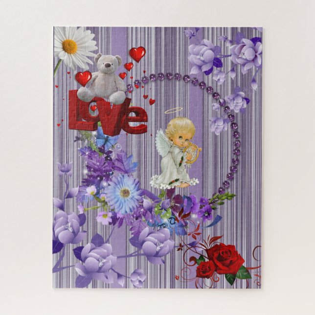 Puzzles Purple Floral Red Rose Angel Teddy Bear (Vertical)
