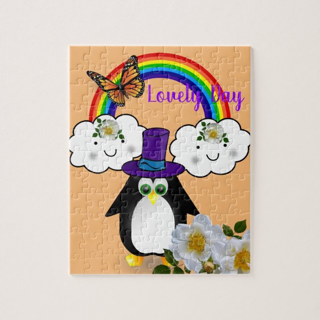 Puzzles White and Black Penguin Rainbow Floral (Vertical)