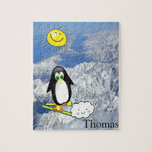 Puzzles White and Black Penguin Skiing Clouds