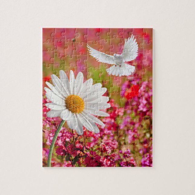 Puzzles White Daisy Dove Pink Floral (Vertical)