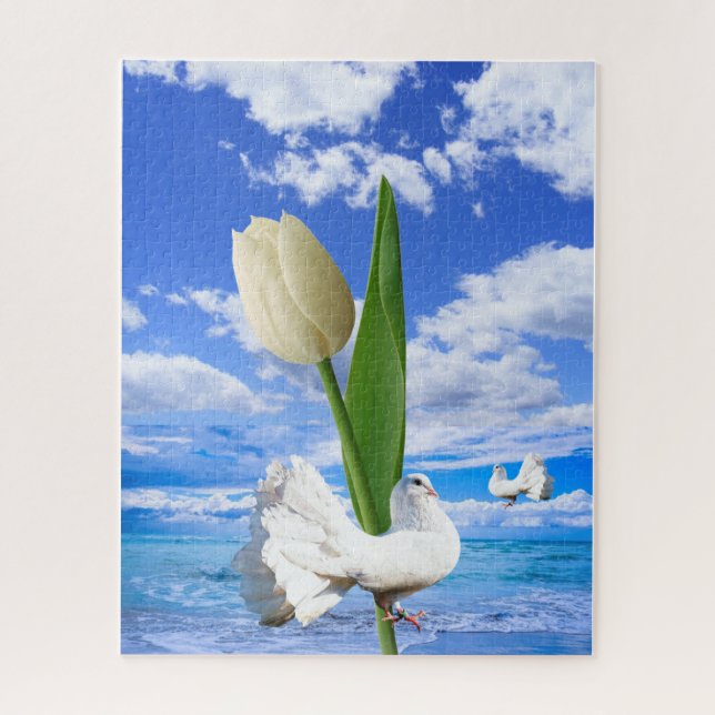 Puzzles White Dove Sky Ocean Beach House Tulip (Vertical)