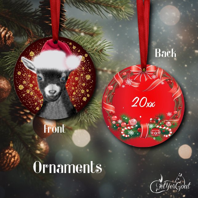 Pygmy Goat Santa Hat Christmas Ornament (Oil portrait of my pygmy goat Spunky , Santa hat and gold snowflakes - dated on back #zazzlemade)