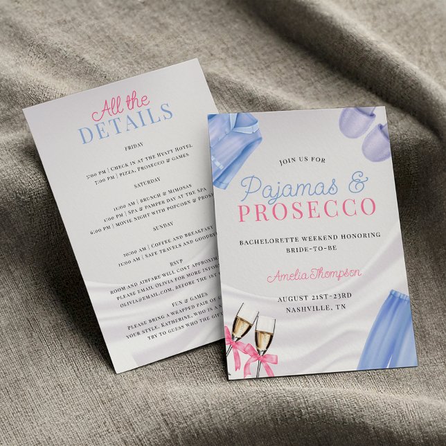 Pyjamas and Prosecco Bachelorette Party Invitation (Pajamas and Prosecco Bachelorette , PJs and Prosecco Pajama Party Bachelorette weekend Invitation)