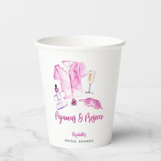 Pyjamas and Prosecco Bridal Shower Pink Script  Paper Cups (Front)