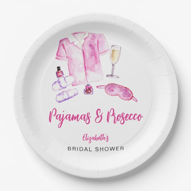 Pyjamas and Prosecco Bridal Shower Pink Script  Paper Plate (Front)