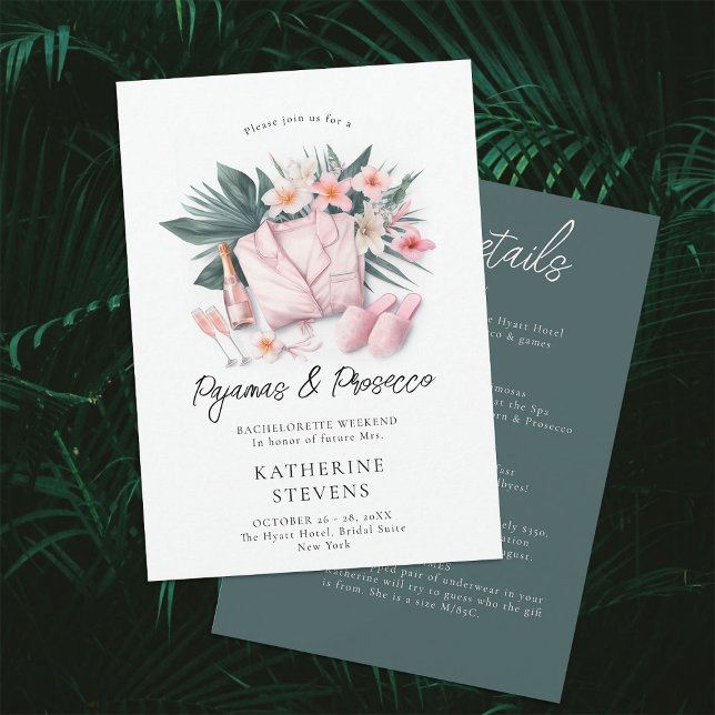 Pyjamas Prosecco Bachelorette Tropical 3 Itinerary Invitation (pajamas prosecco bachelorette itinerary invitation champagne tropical floral botanical lingerie pj)