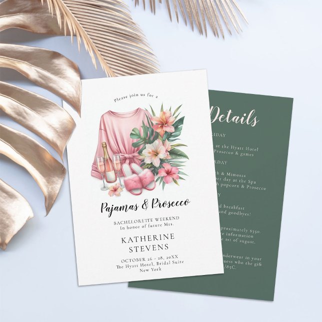 Pyjamas Prosecco Bachelorette Tropical Itinerary Invitation (pajamas prosecco bachelorette itinerary invitation champagne tropical greenery lingerie pj classy)