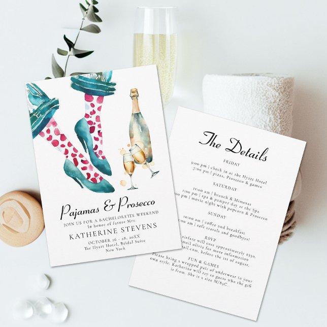 Pyjamas Prosecco Chic Bachelorette Party Itinerary Invitation (pajamas prosecco bachelorette party weekend itinerary invitation whimsical stilettos pjs watercolor )