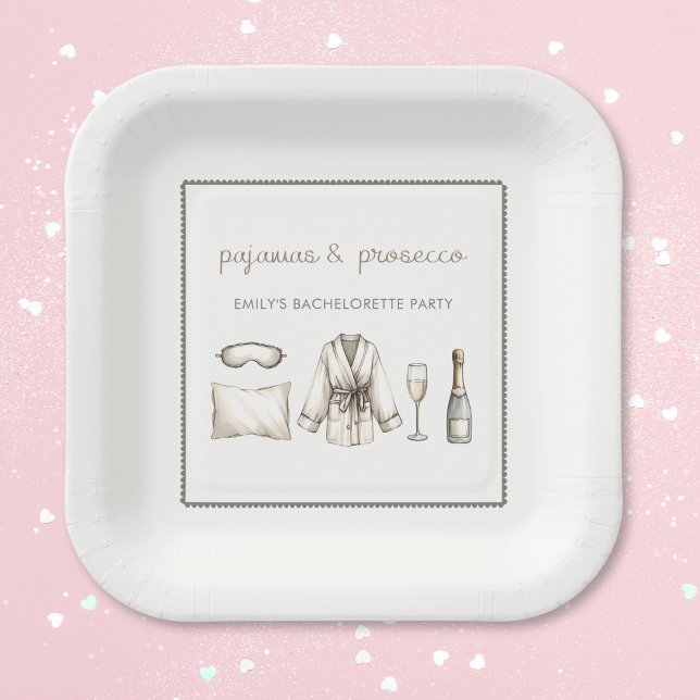 Pyjamas & Prosecco Personalised Bachelorette Party Paper Plate (Get cozy with our Pajamas & Prosecco bachelorette party plates! Perfect for a fun and chic soirée.)
