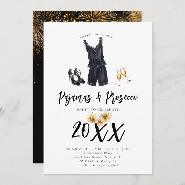 Pyjamas Prosecco PJ Slumber Black New Year Party Invitation (Front/Back)