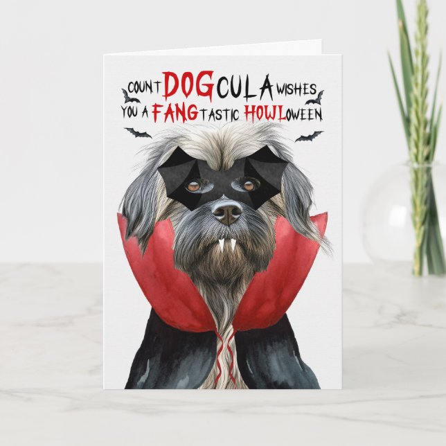 Pyrenean Shepherd Funny Count DOGcula Halloween Holiday Card (Front)