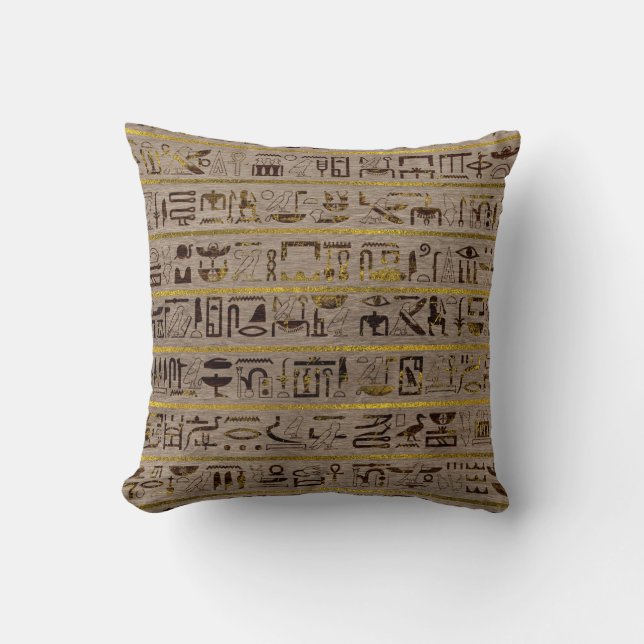 Pyrographed Golden Egyptian hieroglyphs on wood Cushion (Front)