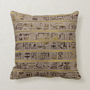 Pyrographed Golden Egyptian hieroglyphs on wood Cushion