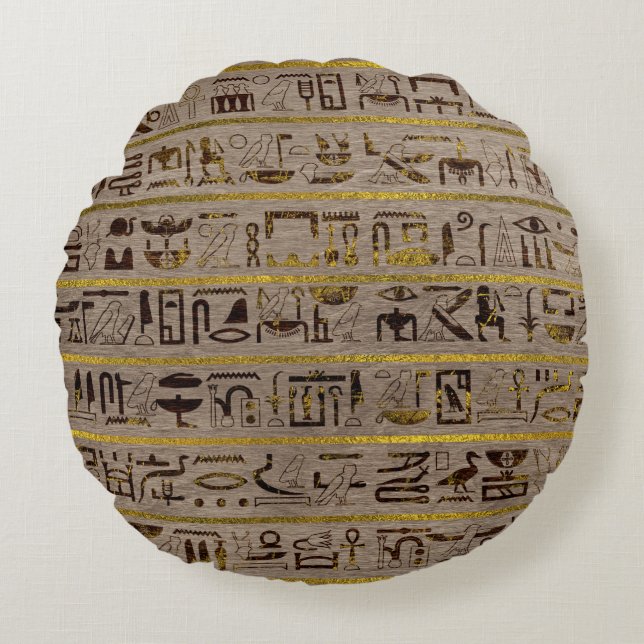 Pyrographed Golden Egyptian hieroglyphs on wood Round Cushion (Front)