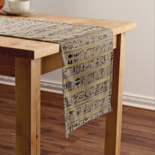 Pyrographed Golden Egyptian hieroglyphs on wood Short Table Runner