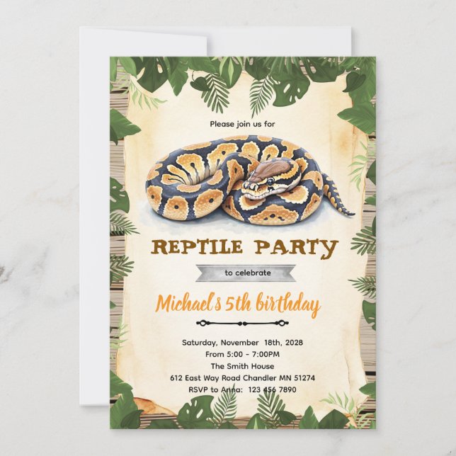 Python reptile birthday party invitation (Front)