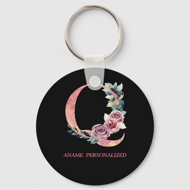 Q Floral Monogram Name Letters Pink Agate Keychain (Front)