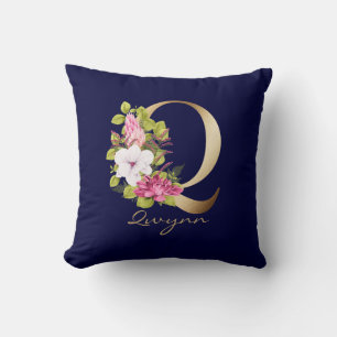 Q Letter Gold Monogram Pink White Magenta Floral Cushion