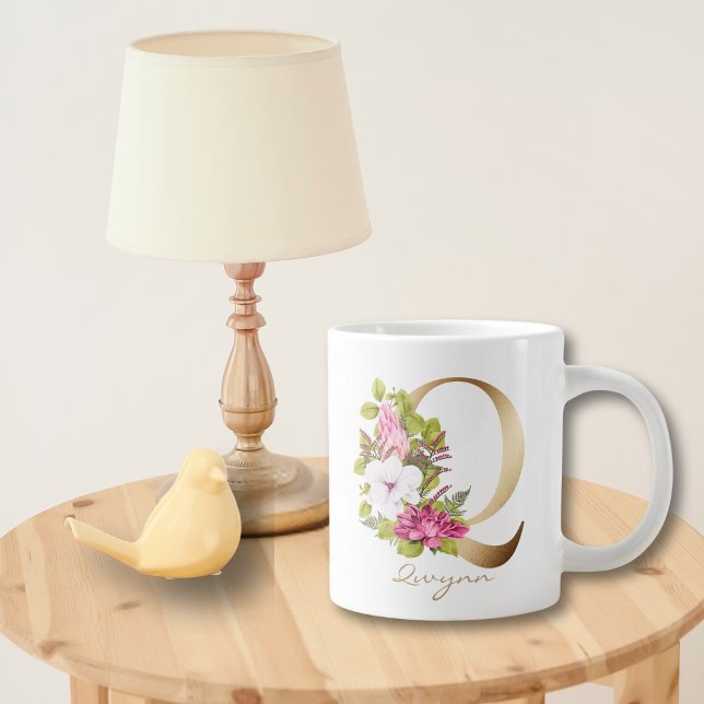 Q Letter Gold Monogram Pink White Magenta Floral Large Coffee Mug (Creator Uploaded)