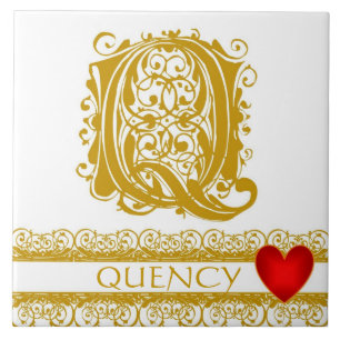 Q Monogram Name Gold Lace Red Heart Template Tile