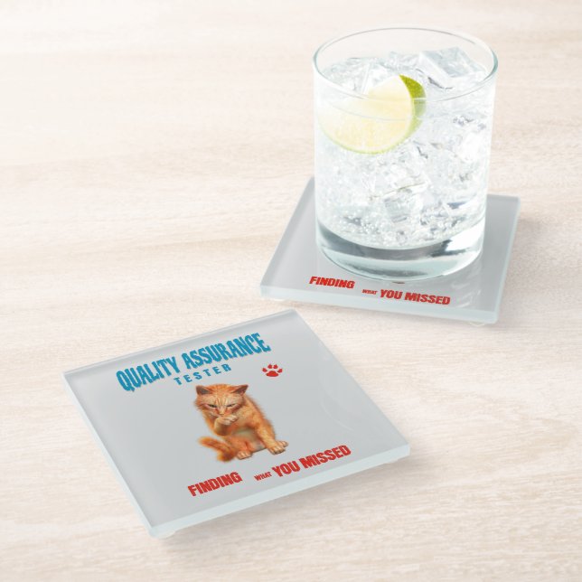 QA Tester Cat Humour Glass Coaster (Angled)