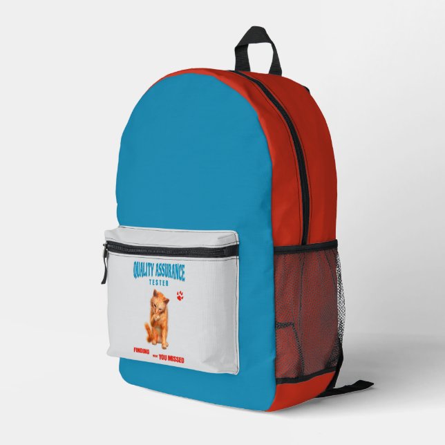 QA Tester Cat Humour Printed Backpack (Back Corner Right)
