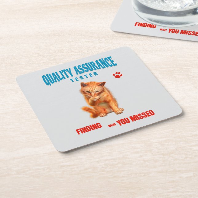 QA Tester Cat Humour Square Paper Coaster (Angled)