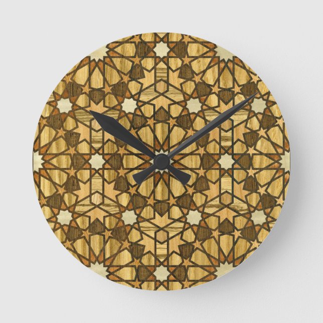 Qarawiyyin Mosque Geometric Pattern 1 Wood Round Clock (Front)
