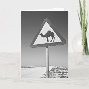 Qatar, Al Zubarah. Camel Crossing Sign-Road to Holiday Card