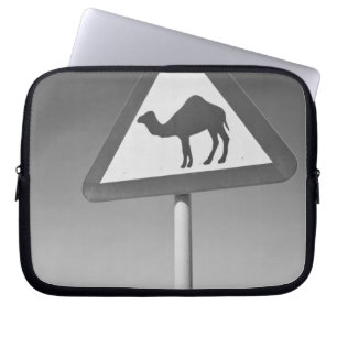 Qatar, Al Zubarah. Camel Crossing Sign-Road to Laptop Sleeve