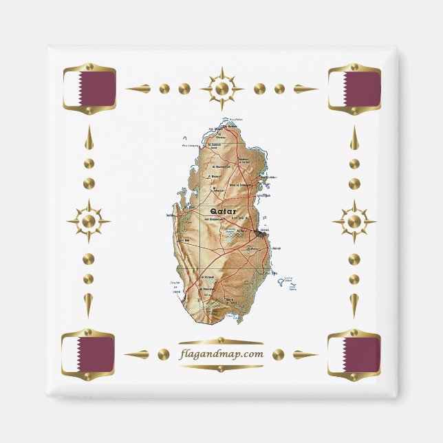 Qatar Map + Flags Magnet (Front)
