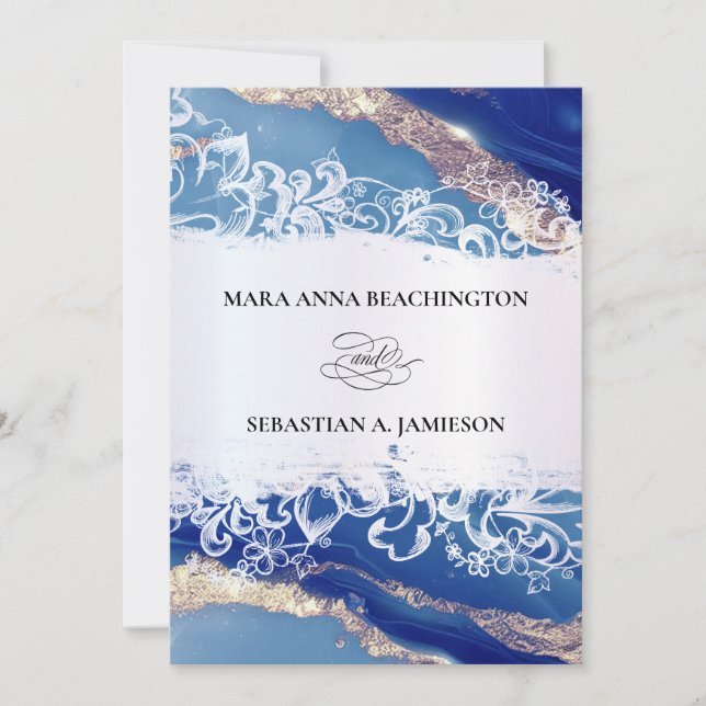 *~* QR Agate Blue Gold RSVP AR2 Marble Wedding Invitation (Front)