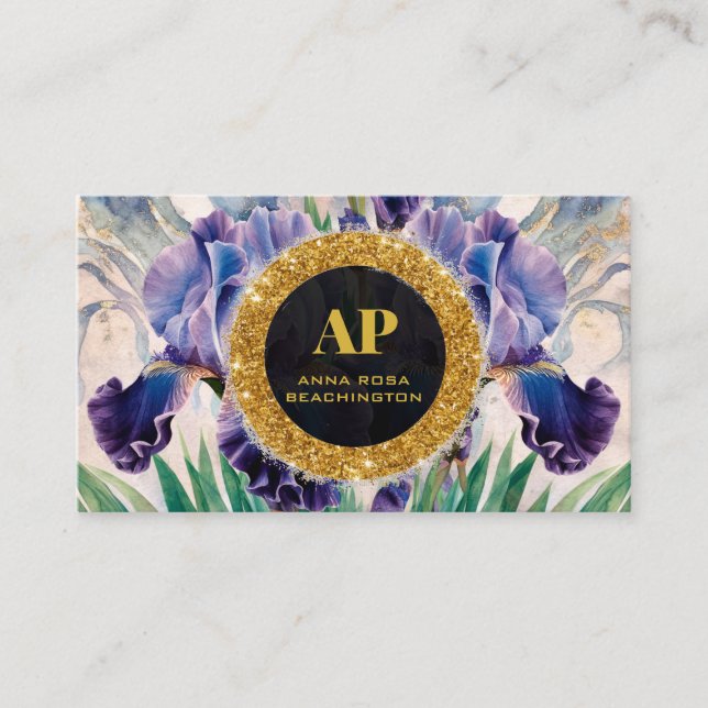 *~ QR AP10  iris Flowers Gold Business Card (Front)