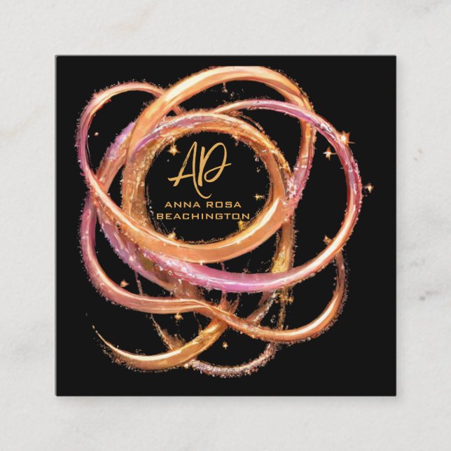 *~* QR AP65 Gold Rings  Black Glitter  Square Business Card (Front)
