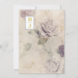 *~ QR AR26 RSVP Vintage Initials Floral Wedding Invitation