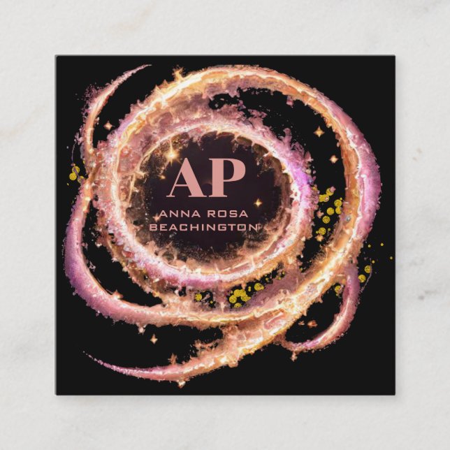 *~* QR Artistic Rose Gold Rings Glitter Black AP65 Square Business Card (Front)
