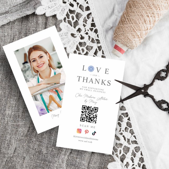 QR Baby Blue Button Love & Thanks Photo Supporting Business Card (QR Baby Blue Button Love & Thanks Photo Supporting Small Business Card.)