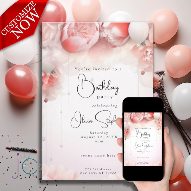 QR Birthday Coral Floral Peonies Invitation (Easy to customize text )