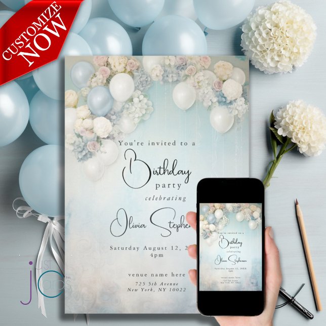 QR Birthday Festive Blue and White Floral Balloons Invitation (Text is easy to customize )