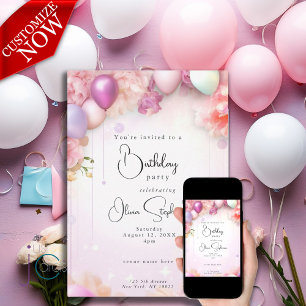 QR Birthday Pink and Lilac Floral Balloons Invitation