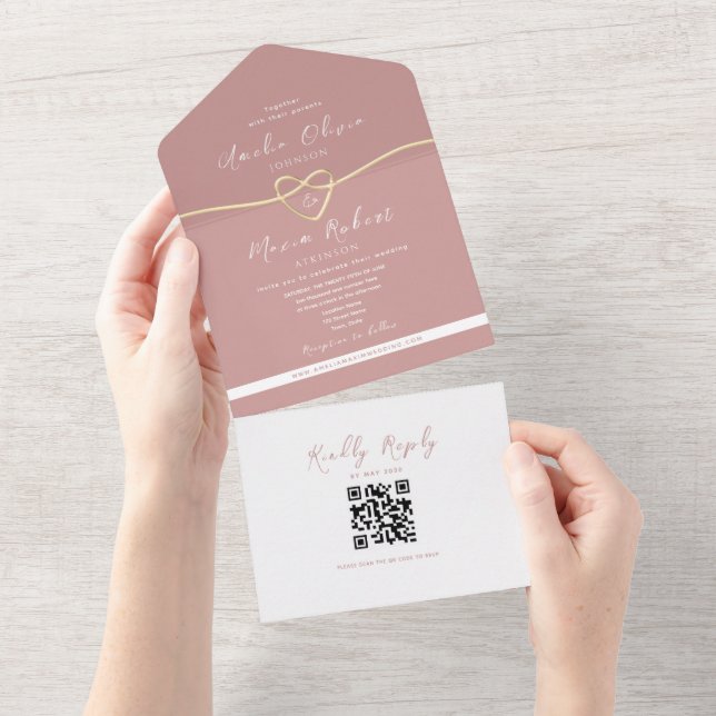 QR Blush Dusty Rose Wedding All In One Invitation (Tearaway)