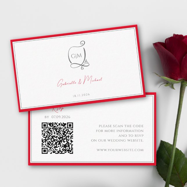 QR Cherry Red Simple Elegant Monogram RSVP Wedding Enclosure Card (Creator Uploaded)