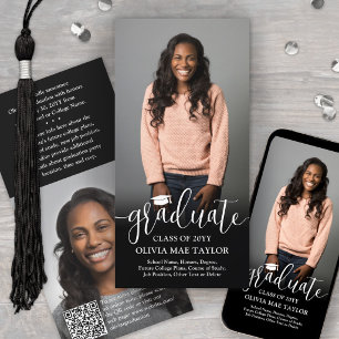 QR Code & 2 Photos Modern White Script Graduation Announcement