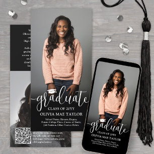 QR Code & 2 Photos Modern White Script Graduation Announcement
