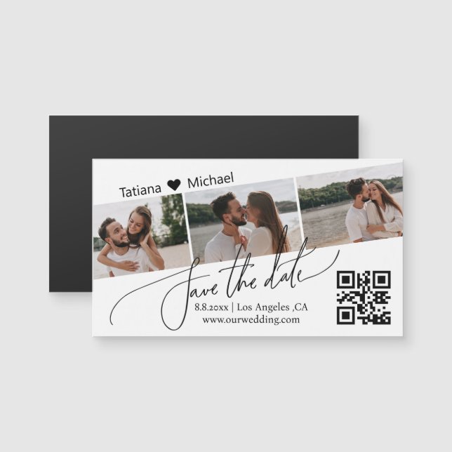  qr code 3 photo collage save the date chic magnet (Front/Back)