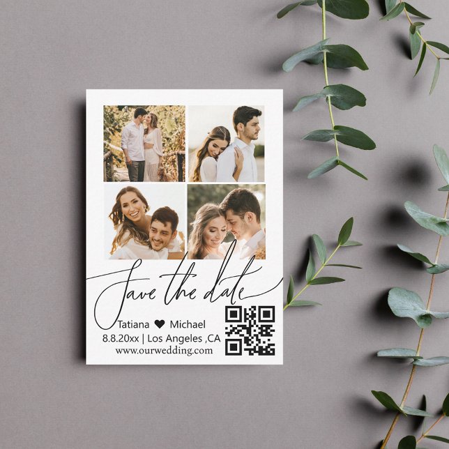 qr code 4 photos collage minimalist save the date  card (Creator Uploaded)