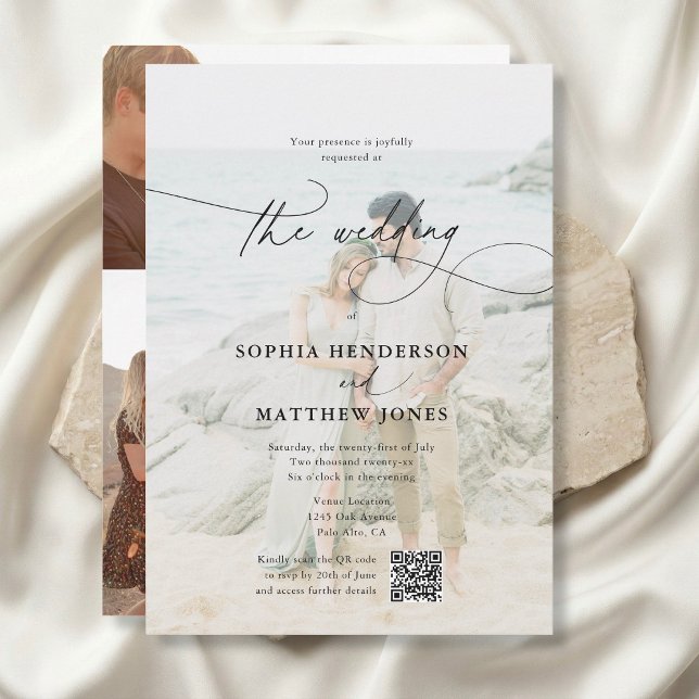 QR Code 5 Photo Whimsical Script Elegant Wedding Invitation (Creator Uploaded)