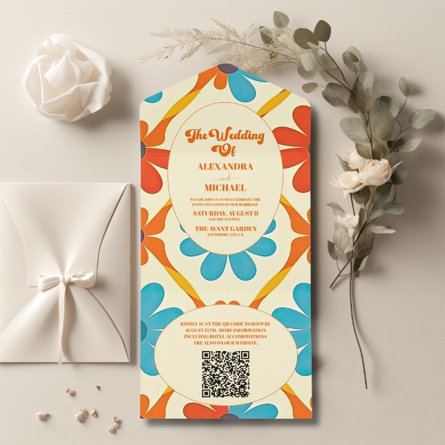 QR Code 70's Retro Groovy Orange Wedding  All In One Invitation (Creator Uploaded)
