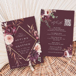 QR Code All In One Autumn Romance Burgundy Wedding Invitation<br><div class="desc">This wedding invitation features a watercolor flower wreath of dahlias, garden roses, and peony in burgundy red, maroon, and blush pink over fall leaves with a faux gold diamond shape frame and wedding details, QR code website link on the back. For more advanced customisation of this design, please click the...</div>