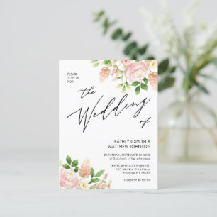 QR Code All In One Pink Rose Greenery Wedding Invitation Postcard